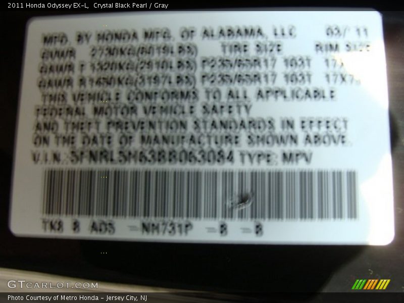 Crystal Black Pearl / Gray 2011 Honda Odyssey EX-L