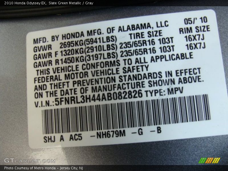 Slate Green Metallic / Gray 2010 Honda Odyssey EX