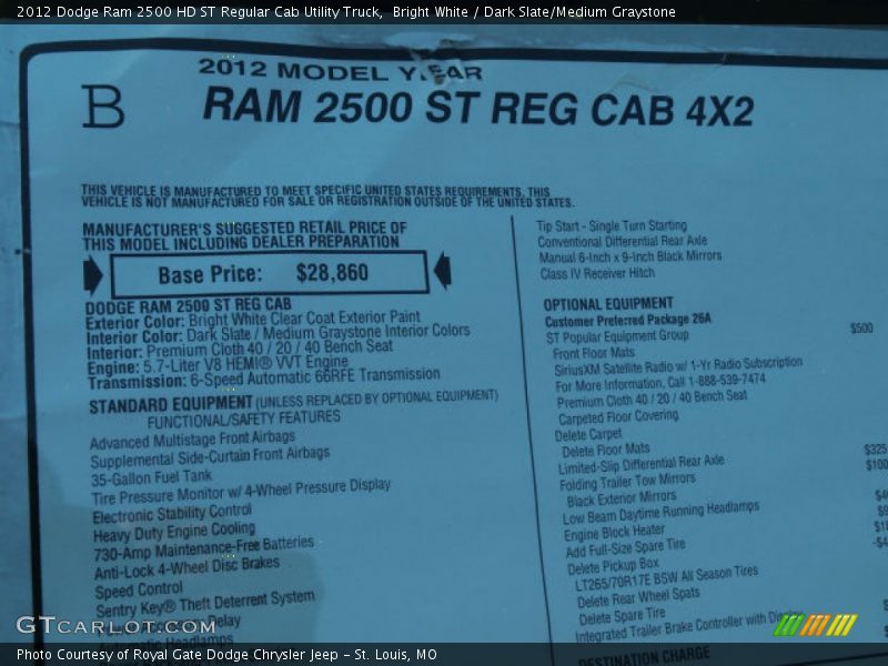 Bright White / Dark Slate/Medium Graystone 2012 Dodge Ram 2500 HD ST Regular Cab Utility Truck