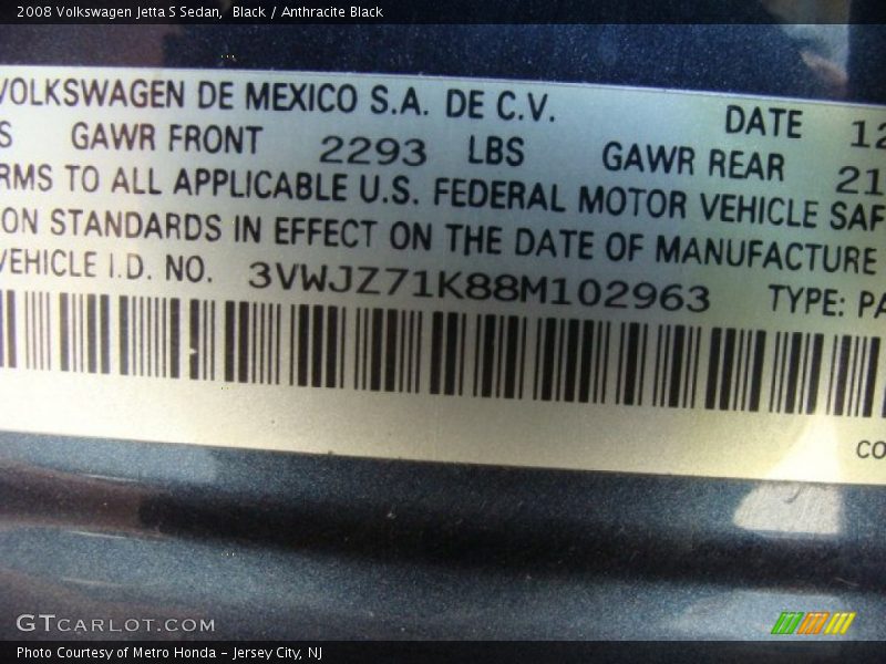 Black / Anthracite Black 2008 Volkswagen Jetta S Sedan