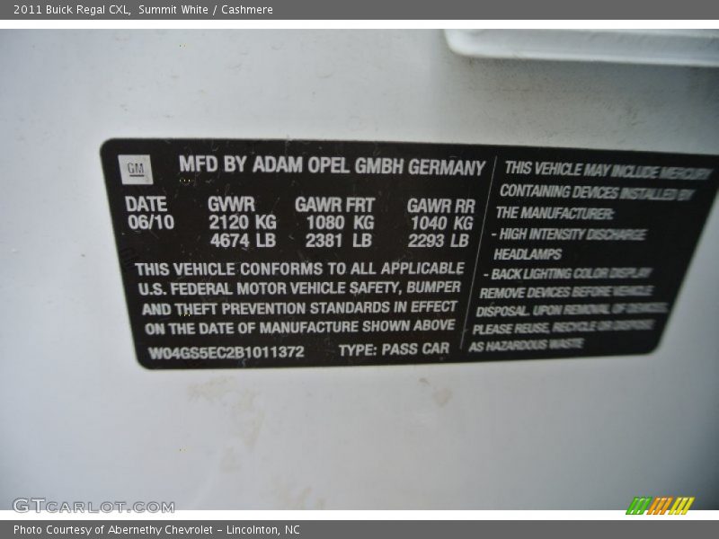 Summit White / Cashmere 2011 Buick Regal CXL
