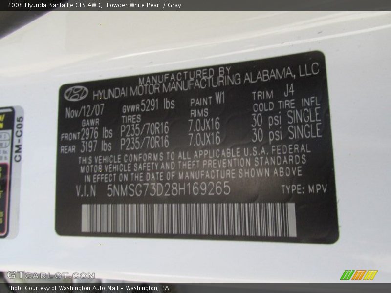 Powder White Pearl / Gray 2008 Hyundai Santa Fe GLS 4WD