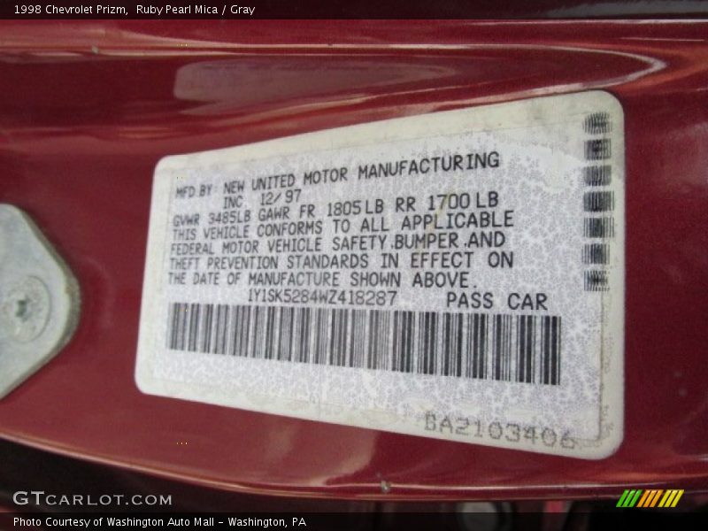 Info Tag of 1998 Prizm 