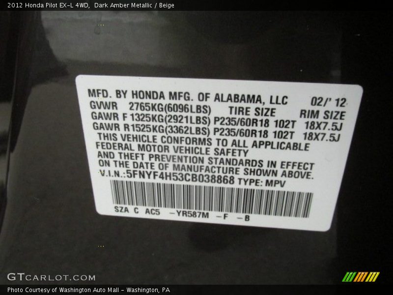 Dark Amber Metallic / Beige 2012 Honda Pilot EX-L 4WD