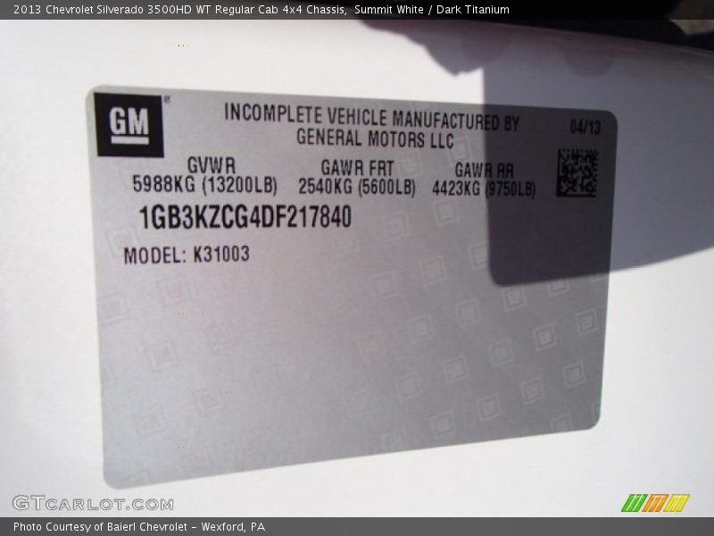 Summit White / Dark Titanium 2013 Chevrolet Silverado 3500HD WT Regular Cab 4x4 Chassis
