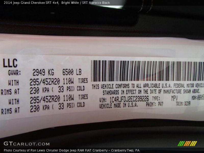 2014 Grand Cherokee SRT 4x4 Bright White Color Code PW7
