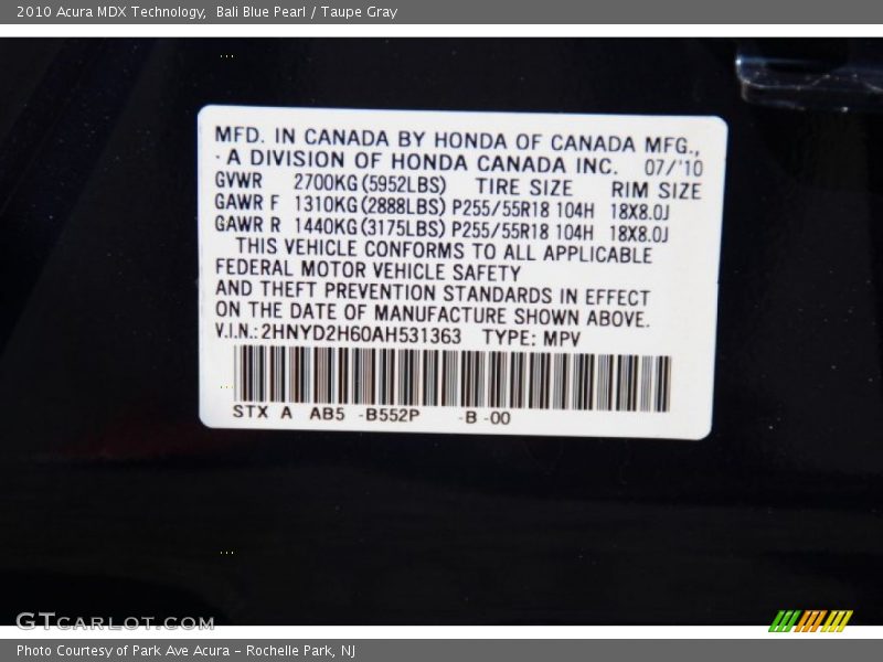 Bali Blue Pearl / Taupe Gray 2010 Acura MDX Technology