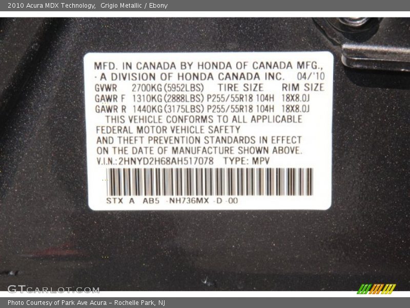 Grigio Metallic / Ebony 2010 Acura MDX Technology