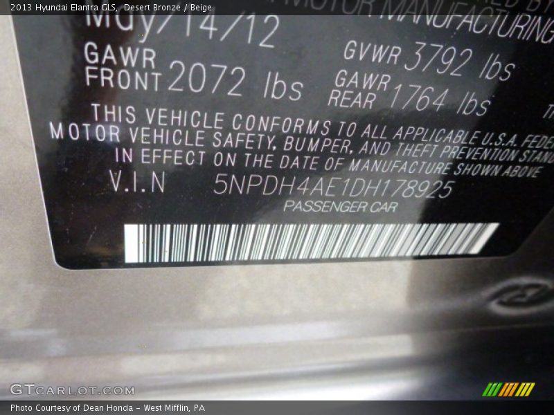 Desert Bronze / Beige 2013 Hyundai Elantra GLS
