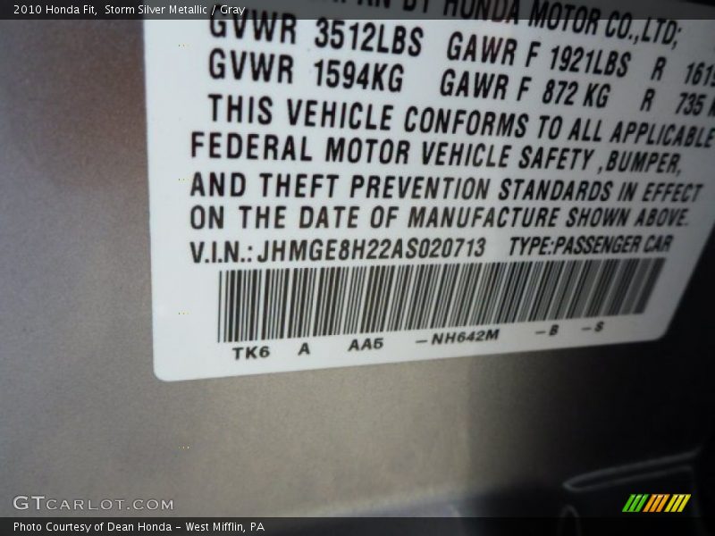Storm Silver Metallic / Gray 2010 Honda Fit
