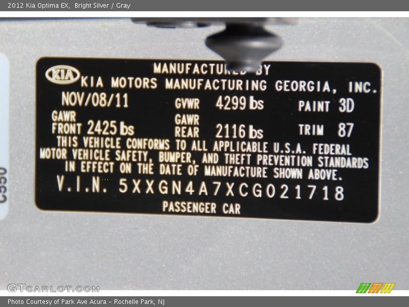 Bright Silver / Gray 2012 Kia Optima EX