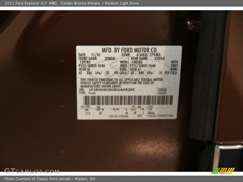 Golden Bronze Metallic / Medium Light Stone 2011 Ford Explorer XLT 4WD