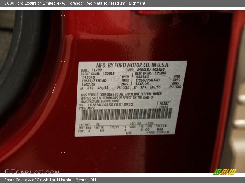 Toreador Red Metallic / Medium Parchment 2000 Ford Excursion Limited 4x4