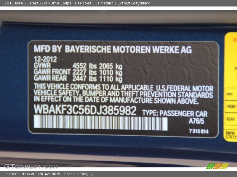 Deep Sea Blue Metallic / Everest Grey/Black 2013 BMW 3 Series 328i xDrive Coupe