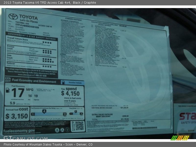 Black / Graphite 2013 Toyota Tacoma V6 TRD Access Cab 4x4