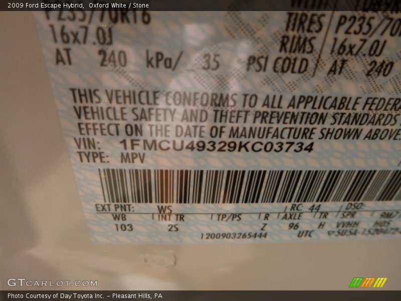 Oxford White / Stone 2009 Ford Escape Hybrid