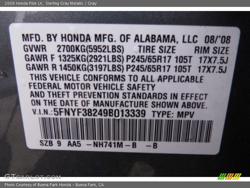 Sterling Gray Metallic / Gray 2009 Honda Pilot LX