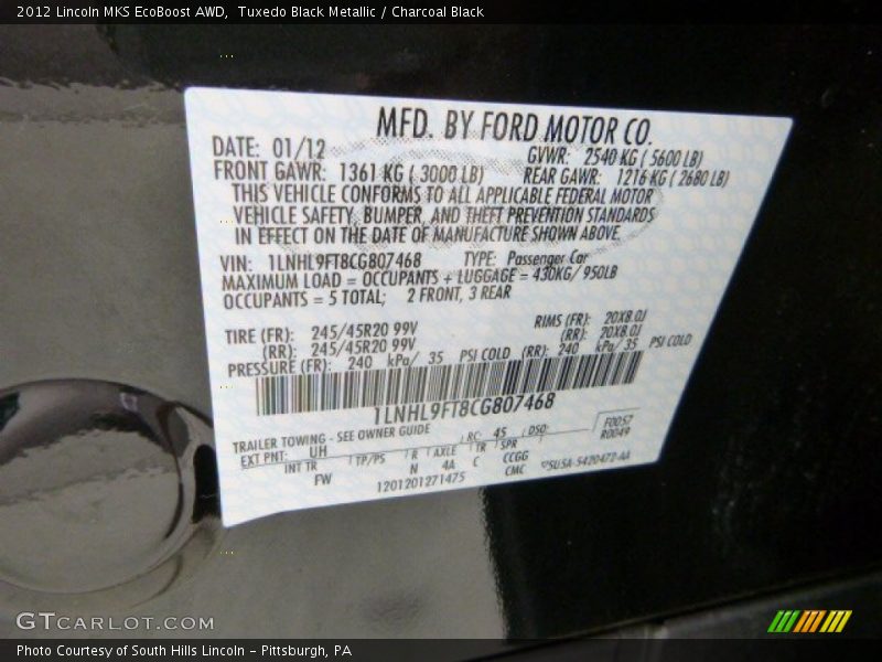 2012 MKS EcoBoost AWD Tuxedo Black Metallic Color Code UH
