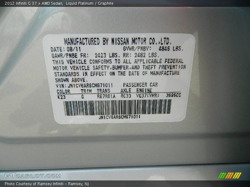 Liquid Platinum / Graphite 2012 Infiniti G 37 x AWD Sedan