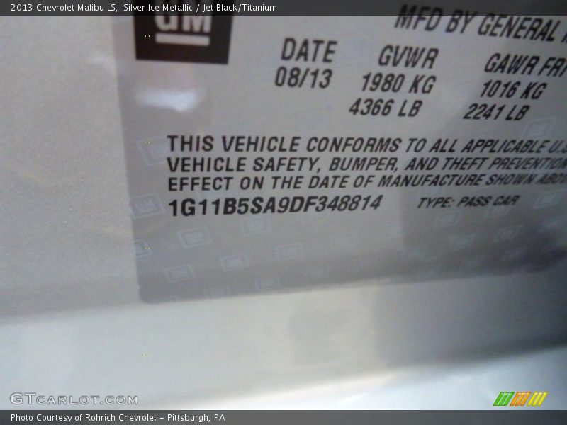 Silver Ice Metallic / Jet Black/Titanium 2013 Chevrolet Malibu LS