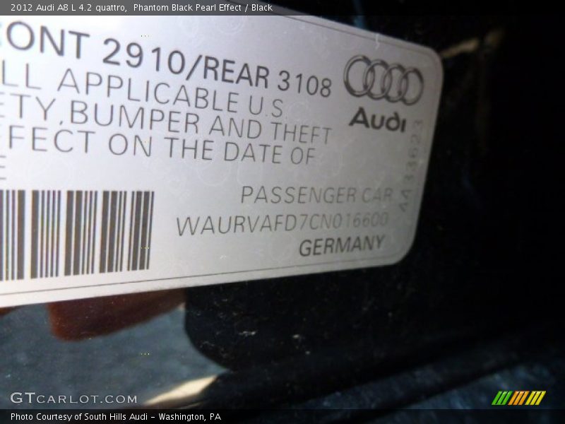 Phantom Black Pearl Effect / Black 2012 Audi A8 L 4.2 quattro