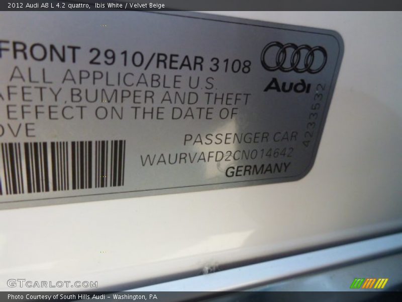 Ibis White / Velvet Beige 2012 Audi A8 L 4.2 quattro
