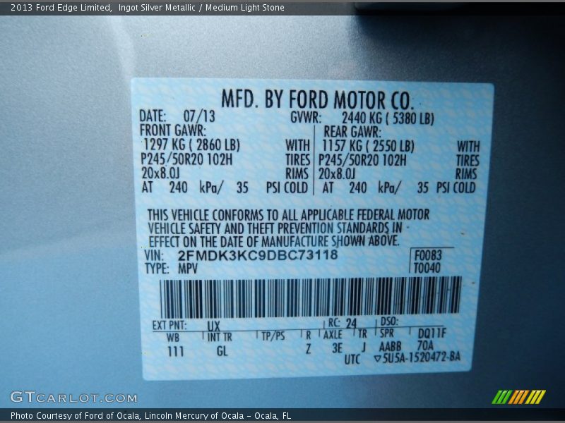Ingot Silver Metallic / Medium Light Stone 2013 Ford Edge Limited