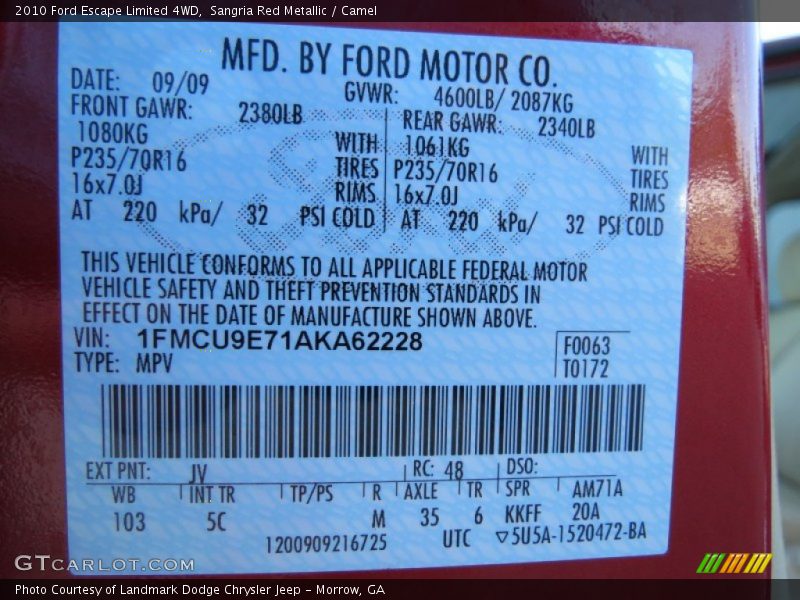 Sangria Red Metallic / Camel 2010 Ford Escape Limited 4WD