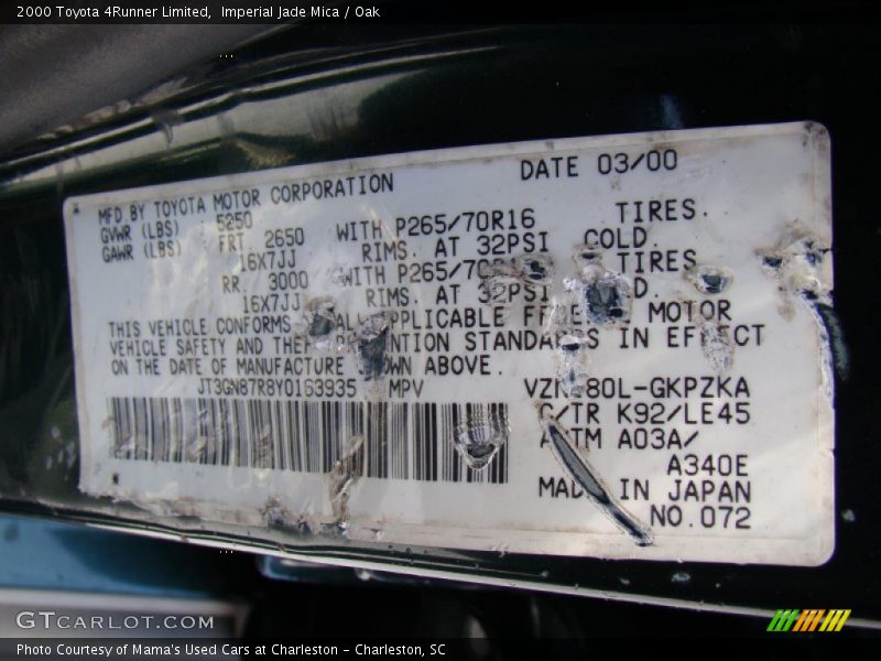 Imperial Jade Mica / Oak 2000 Toyota 4Runner Limited