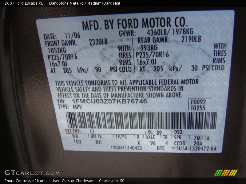 2007 Escape XLT Dark Stone Metallic Color Code T7