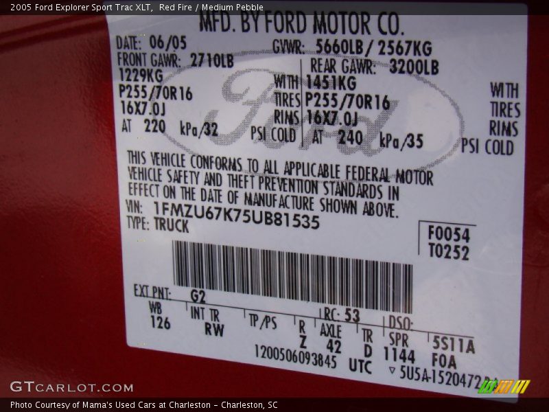 Red Fire / Medium Pebble 2005 Ford Explorer Sport Trac XLT