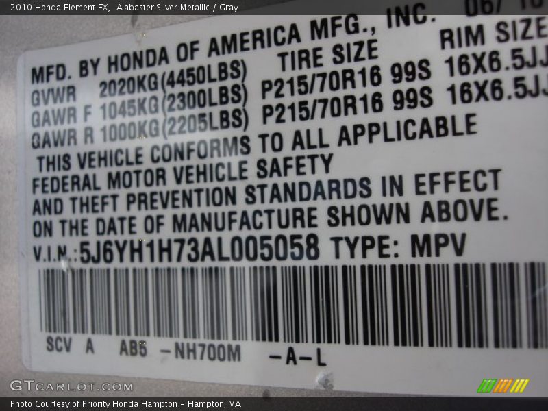 Alabaster Silver Metallic / Gray 2010 Honda Element EX