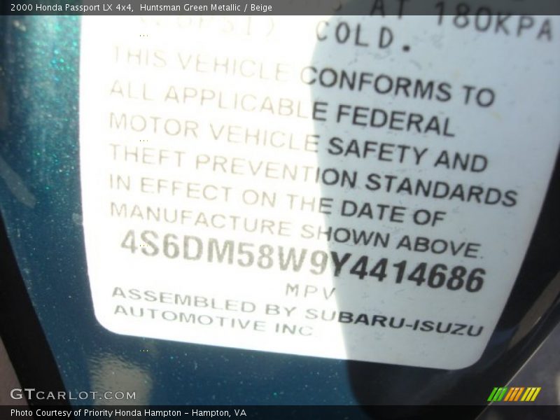 Huntsman Green Metallic / Beige 2000 Honda Passport LX 4x4