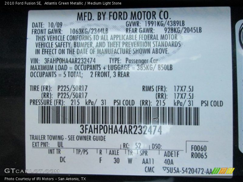 Atlantis Green Metallic / Medium Light Stone 2010 Ford Fusion SE