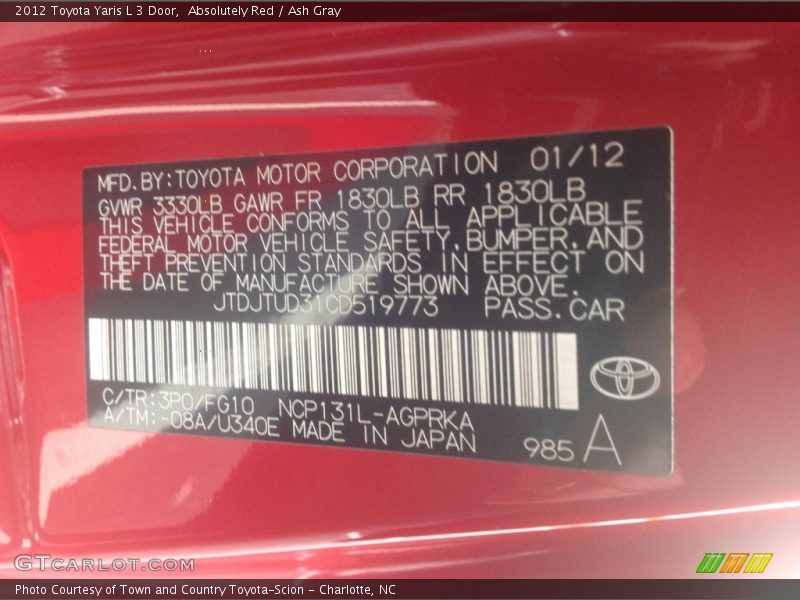 Absolutely Red / Ash Gray 2012 Toyota Yaris L 3 Door