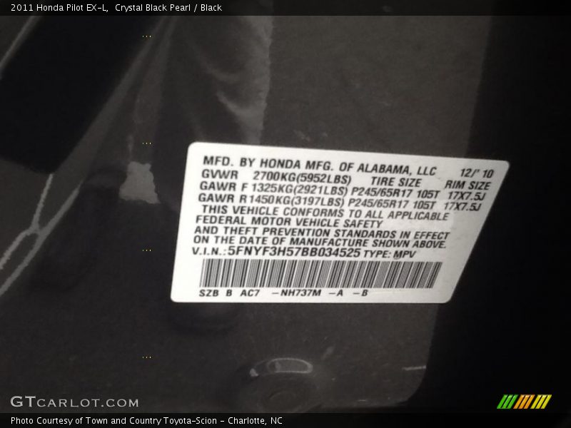 Crystal Black Pearl / Black 2011 Honda Pilot EX-L