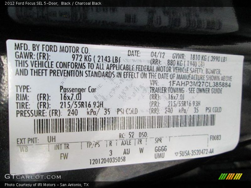 Black / Charcoal Black 2012 Ford Focus SEL 5-Door