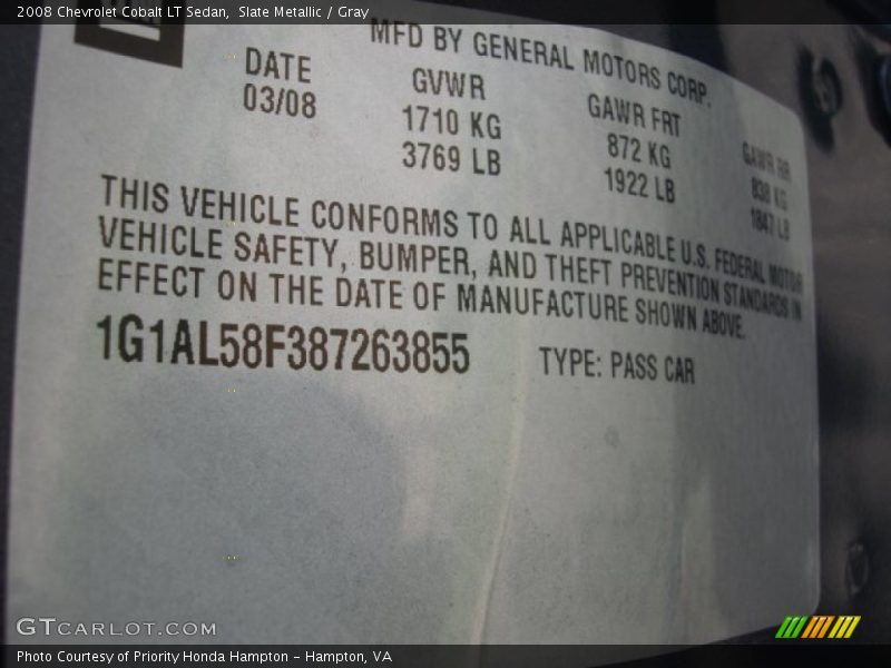 Slate Metallic / Gray 2008 Chevrolet Cobalt LT Sedan