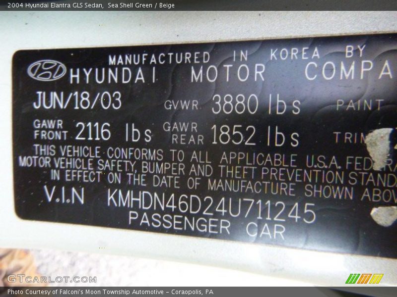 Sea Shell Green / Beige 2004 Hyundai Elantra GLS Sedan