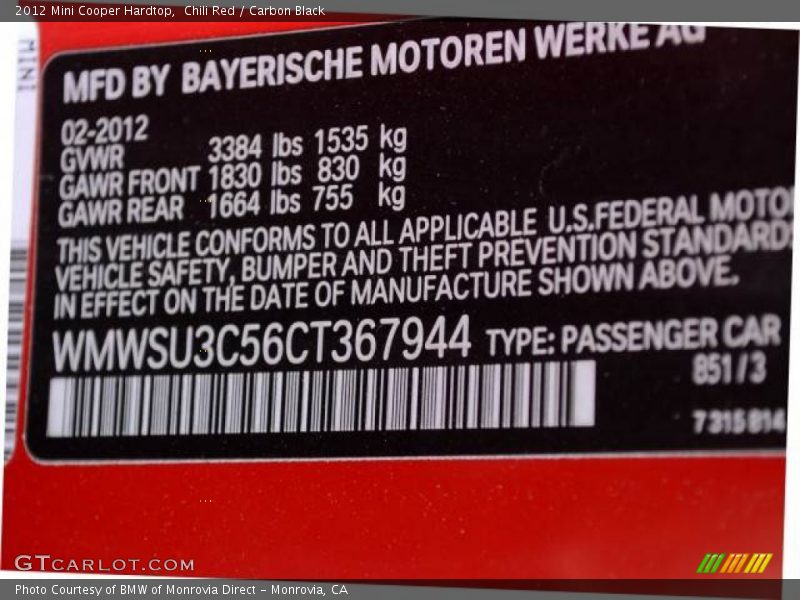 Chili Red / Carbon Black 2012 Mini Cooper Hardtop