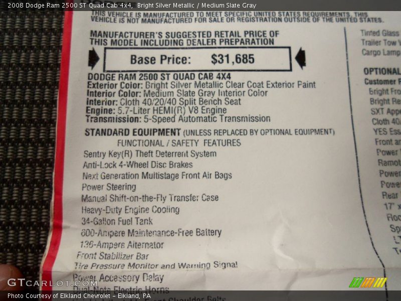 Bright Silver Metallic / Medium Slate Gray 2008 Dodge Ram 2500 ST Quad Cab 4x4