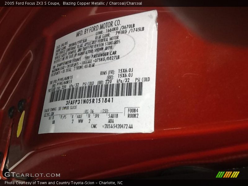 2005 Focus ZX3 S Coupe Blazing Copper Metallic Color Code GW