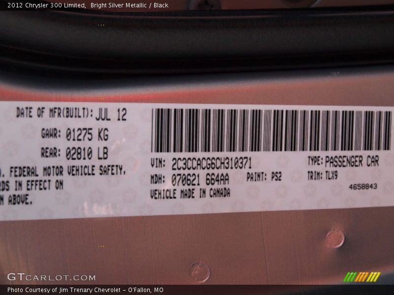 Bright Silver Metallic / Black 2012 Chrysler 300 Limited