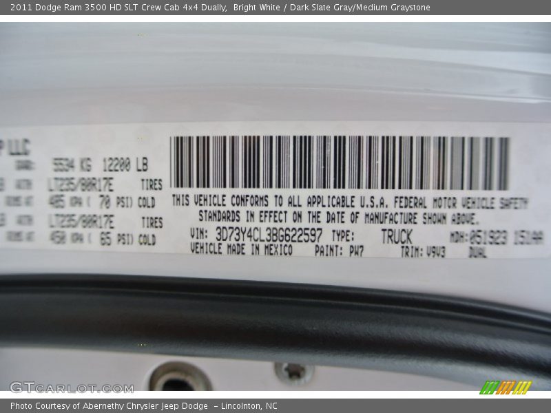 Bright White / Dark Slate Gray/Medium Graystone 2011 Dodge Ram 3500 HD SLT Crew Cab 4x4 Dually