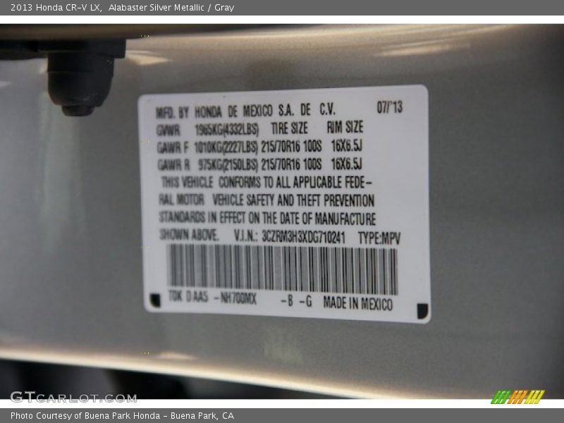 Alabaster Silver Metallic / Gray 2013 Honda CR-V LX