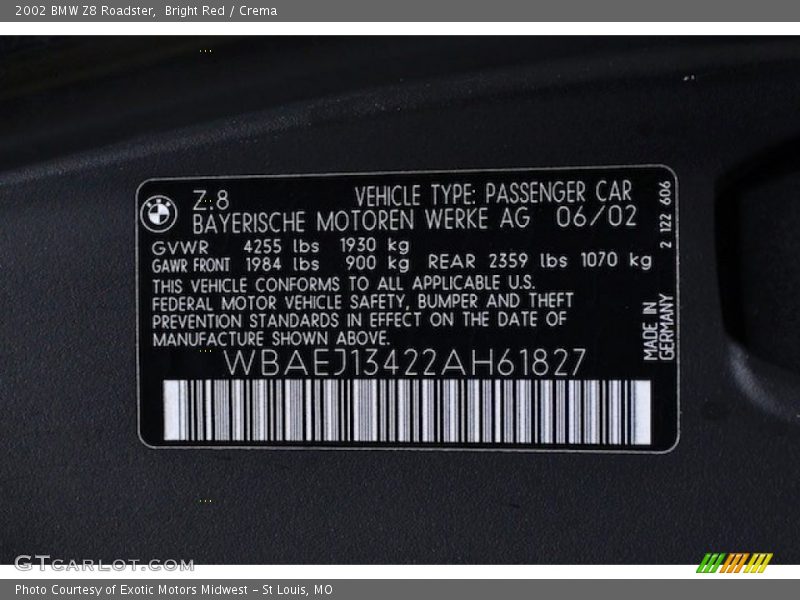 Info Tag of 2002 Z8 Roadster