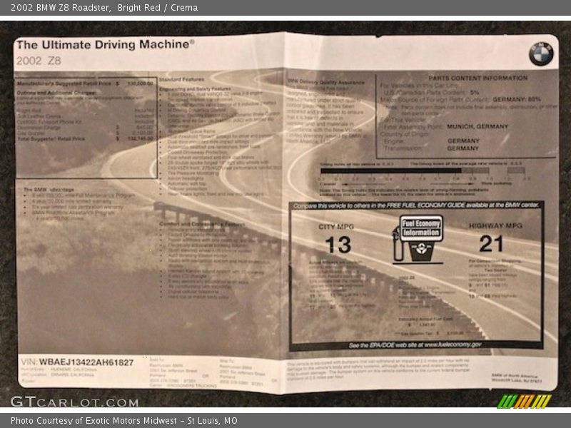  2002 Z8 Roadster Window Sticker