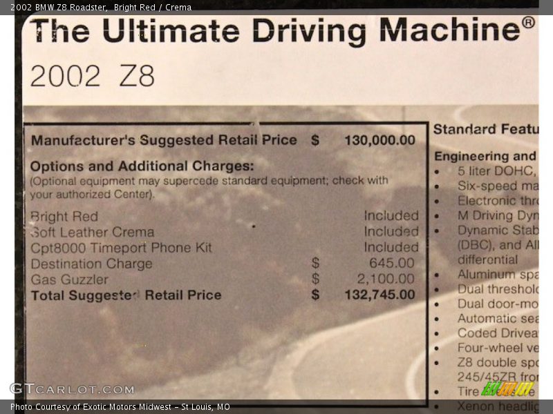  2002 Z8 Roadster Window Sticker