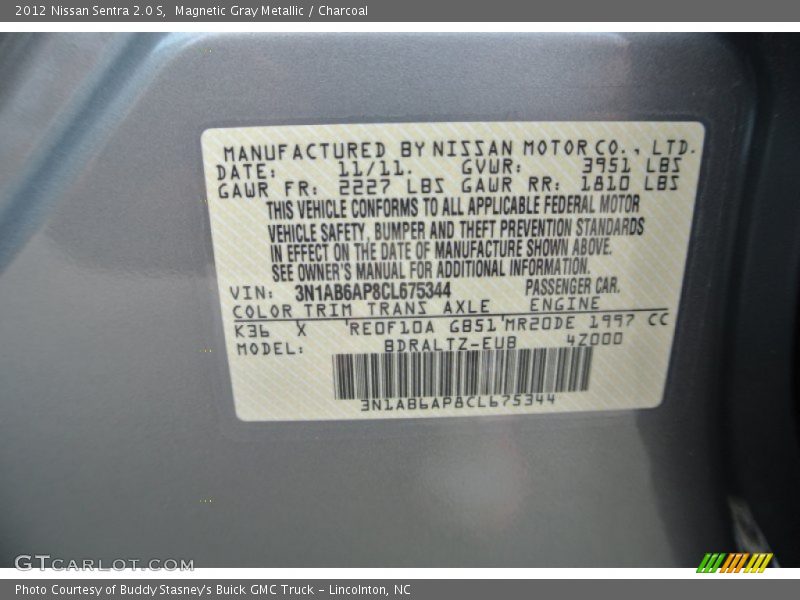 Magnetic Gray Metallic / Charcoal 2012 Nissan Sentra 2.0 S