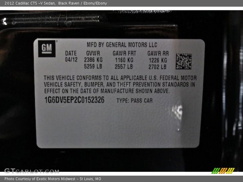 Info Tag of 2012 CTS -V Sedan